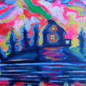 Original Acrylic Painting, The Haunted Cabin, 5x7..