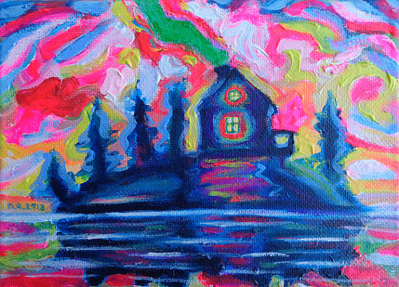 Original Acrylic Painting, The Haunted Cabin, 5x7 Colorful Island And Sky Art