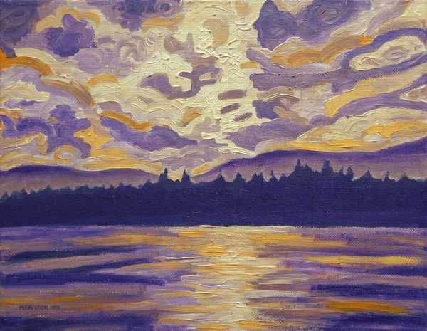 Original Acrylic Painting - Okanagan Landscape In Purple And Hansa - 11x14 Warm Vintage Lake Sky Art