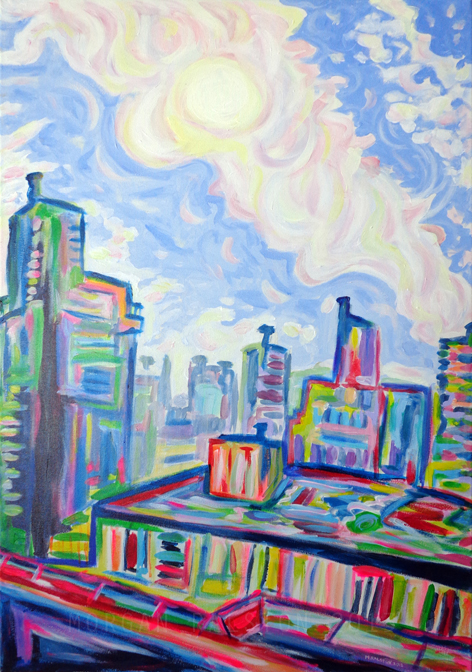 Original Large Acrylic Painting - The West End - 24 X 36 Colorful Sky And City Art
