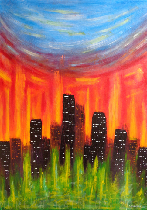 Original Large Acrylic Abstract Painting, City Of Fire - 24x36 Colorful Sky Art