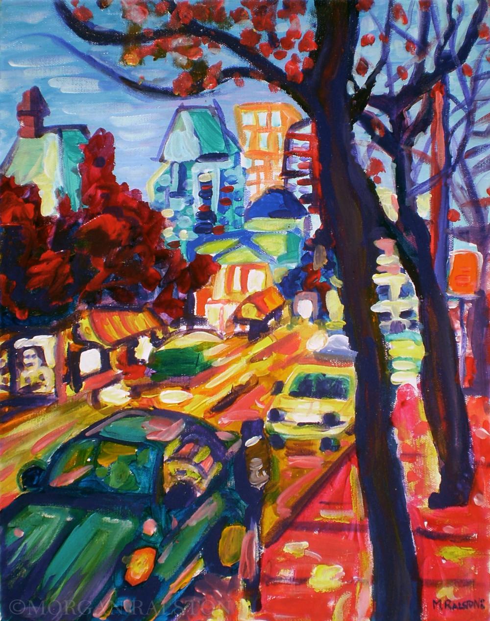 Original Acrylic Painting On Stretched Canvas - Rushing From Downtown - 14" X 18"