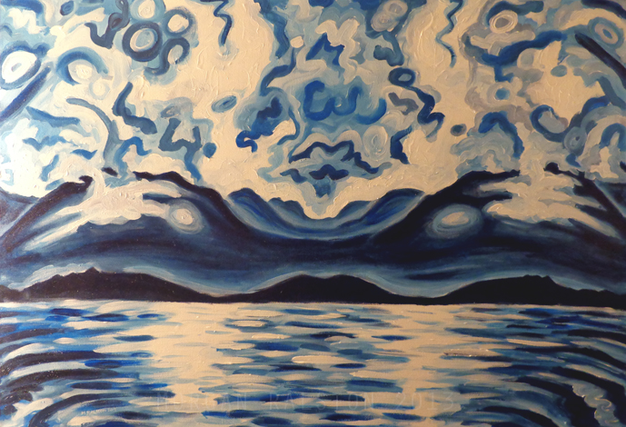 Original Acrylic Painting ,blue Mountain No.4, 24x36 Ocean And Clouds Art