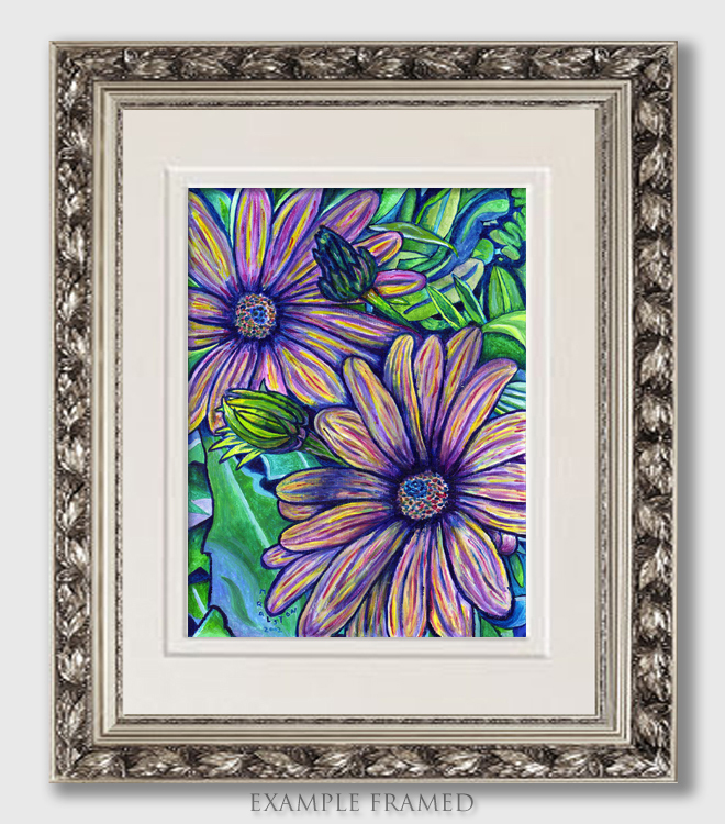 Original Acrylic Painting On Canvas Paper, Matted Purple Daisies 8