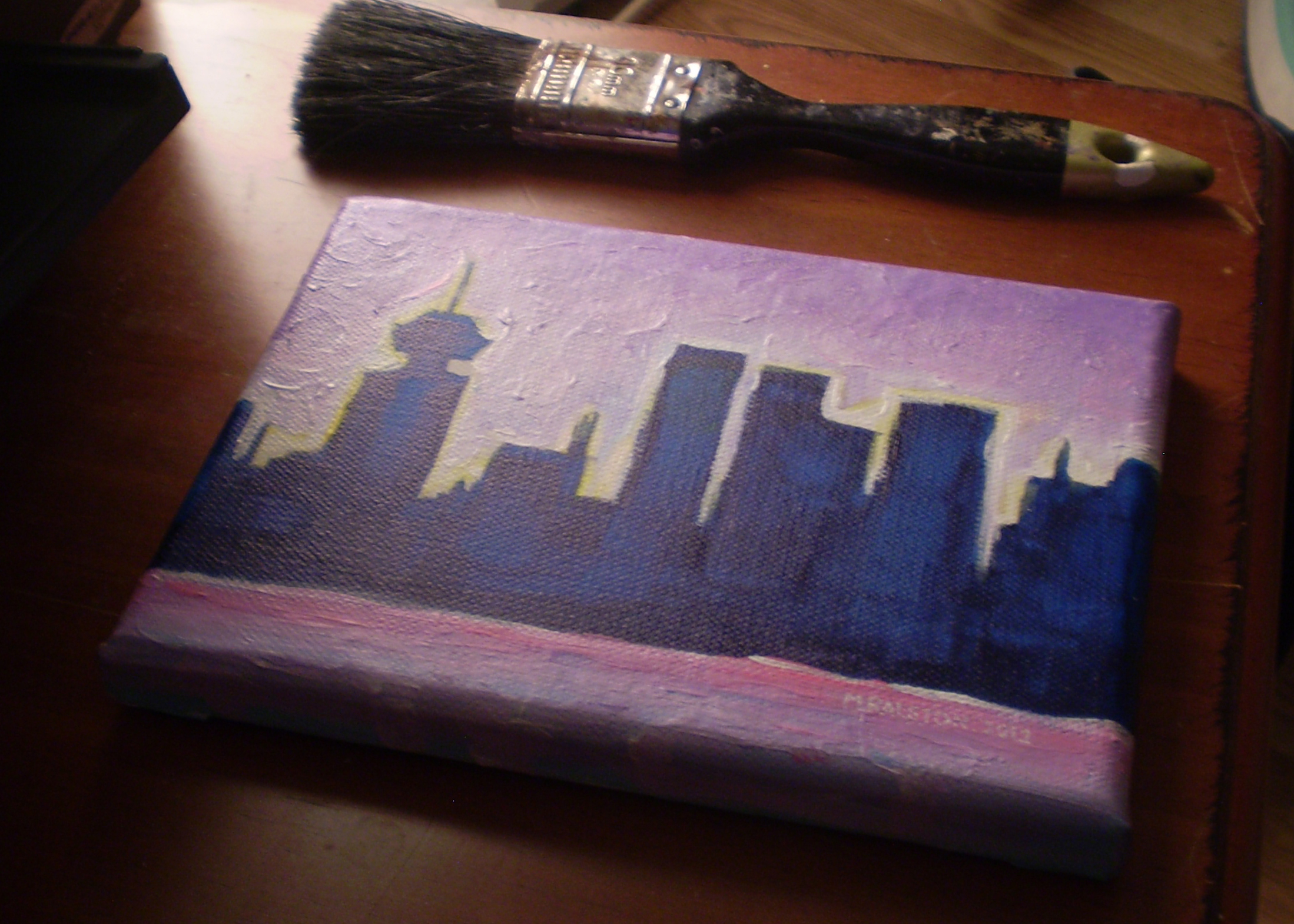 Original Acrylic Painting Sundown Vancouver, 5x7 Colorful City Skyline
